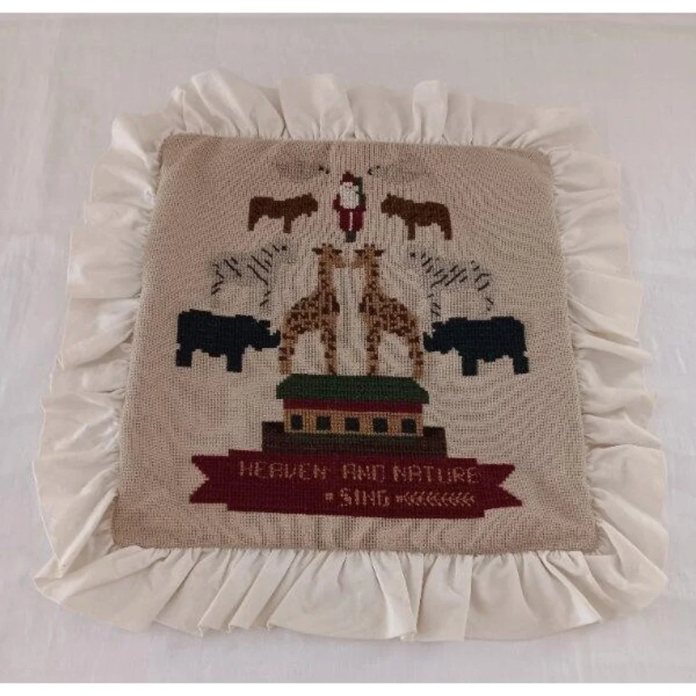 Noahs Ark Christmas Pillow Cover Wool Needlepoint Santa Sham Heaven Nature Sing